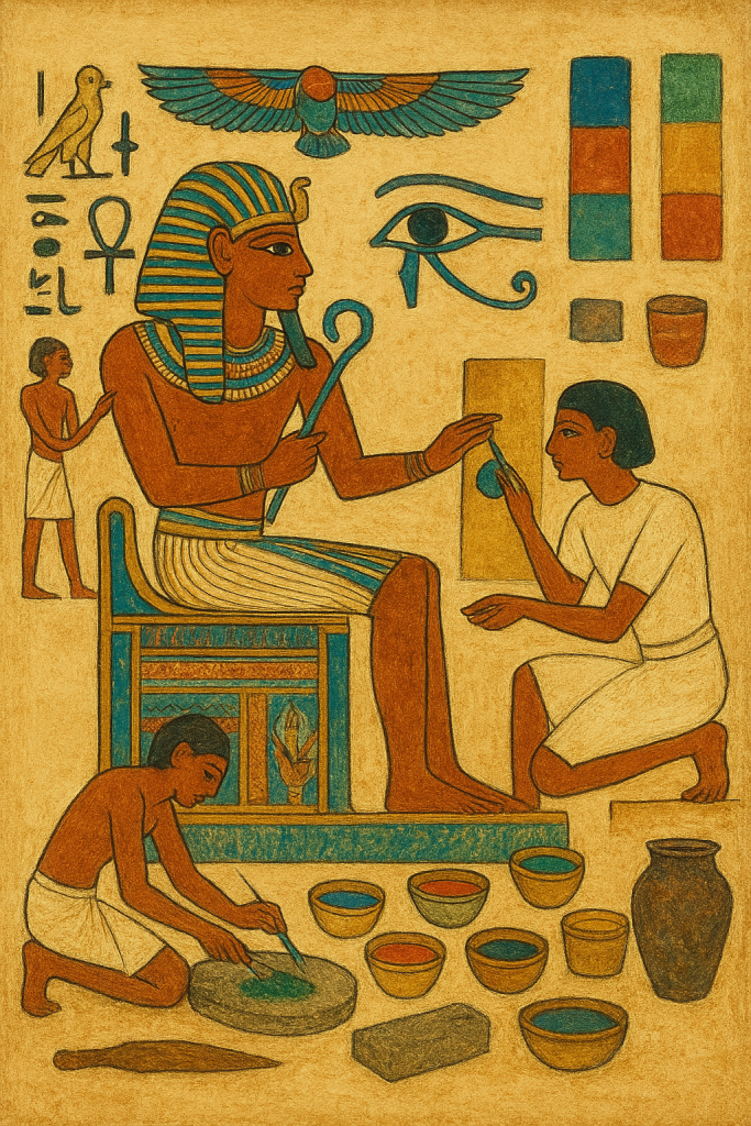 un pharaon et ses serviteurs qui représentent bien la vivacité des couleurs dans la peinture pharaonique