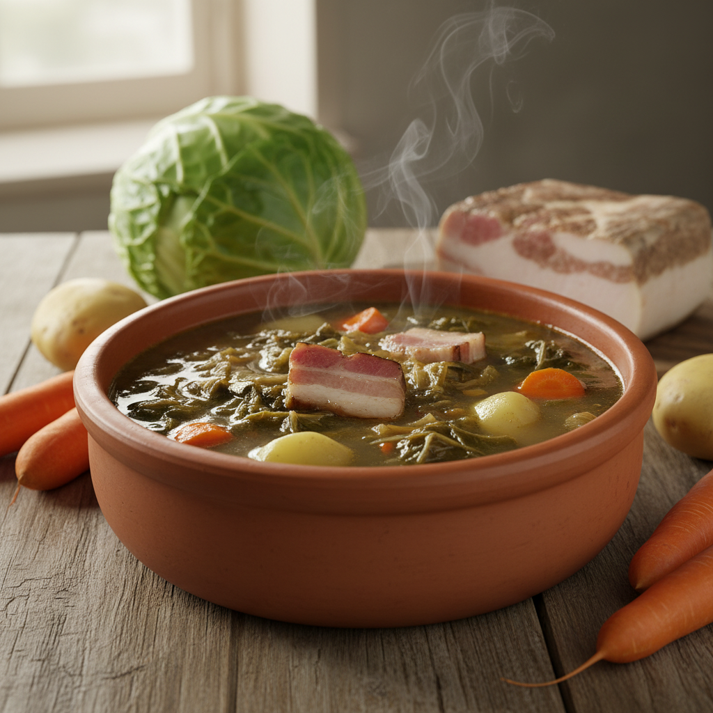 Une bréjaude, soupe traditionnelle de la gastronomie corrézienne, servie dans un plat en terre cuite, composée de morceaux de lard, de pommes de terre, de carottes, de chou et d'autres légumes, dégageant une vapeur chaude, illustrant un plat rustique et réconfortant.