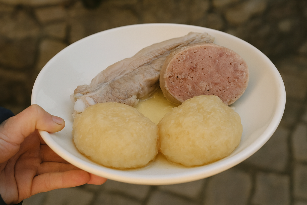 Un plat traditionnel de la gastronomie corrézienne composé d'une andouillette tranchée, accompagnée de deux portions de pommes de terre, présenté dans une assiette blanche tenue à la main, illustrant une cuisine rustique et authentique.