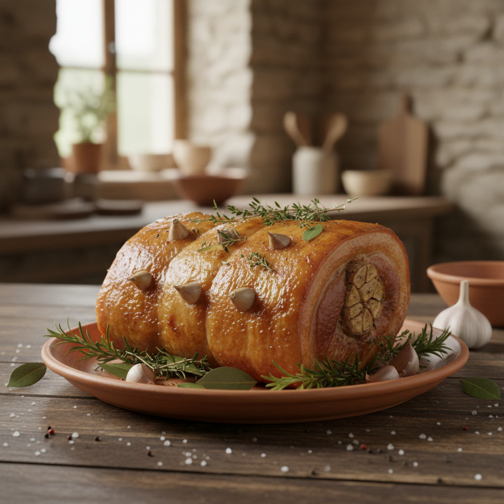 Un échaud, plat traditionnel de la gastronomie corrézienne, présenté sur une assiette en terre cuite, composé d'un rôti de viande enroulé avec une farce à l'ail, décoré de gousses d'ail et d'herbes aromatiques, illustrant une spécialité rustique et savoureuse.