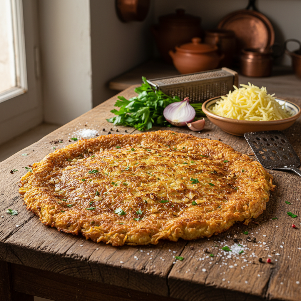 Un millassou, galette traditionnelle de la gastronomie corrézienne à base de pommes de terre râpées, d'œufs, de persil et d'oignon, dorée et croustillante, présentée sur une planche en bois avec des ingrédients frais en arrière-plan, illustrant une spécialité régionale authentique.
