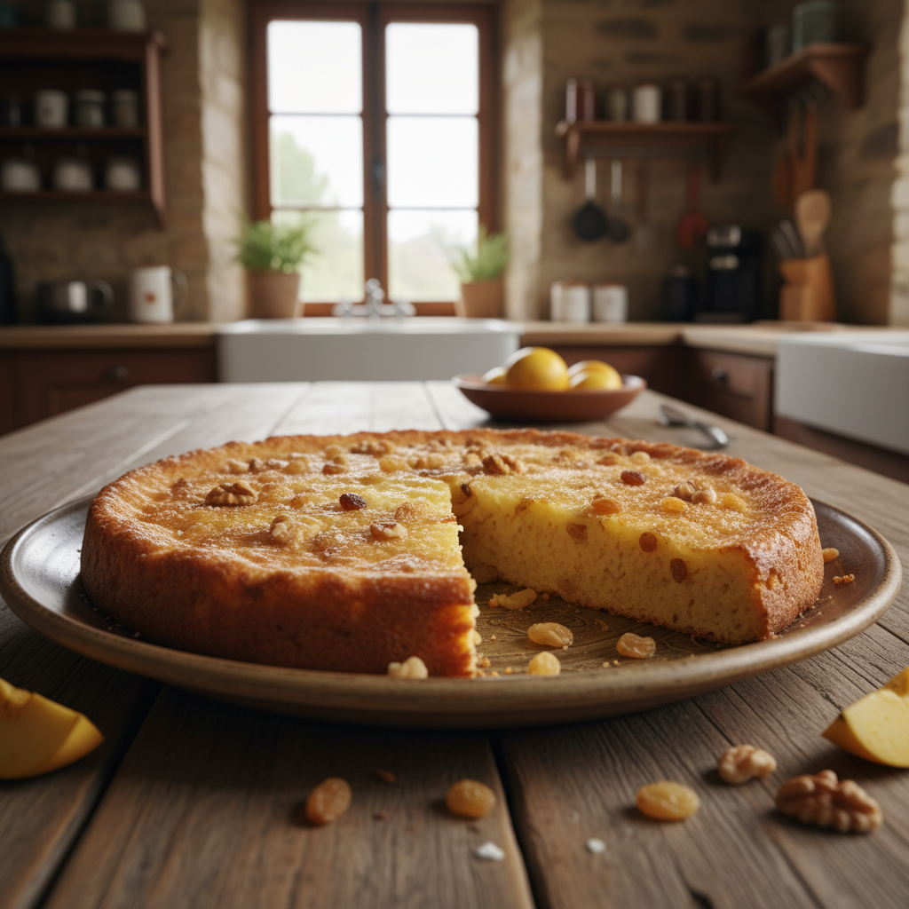 Un millassou sucré, gâteau traditionnel à base de farine de maïs, moelleux et doré, parsemé de raisins secs et de noix, présenté sur une assiette dans une cuisine rustique, illustrant une spécialité gourmande et authentique.