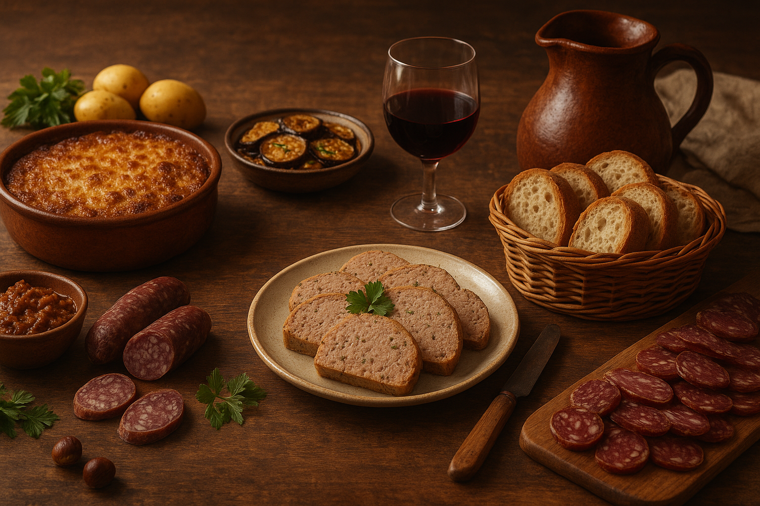 Un assortiment de plats traditionnels français(présent dans la gastronomie corrézienne) présenté sur une table en bois, comprenant des tranches de pâté, du saucisson en rondelles, un gratin doré, des pommes de terre, du pain en tranches dans un panier, un verre de vin rouge et une cruche en terre cuite, illustrant un repas convivial et authentique.