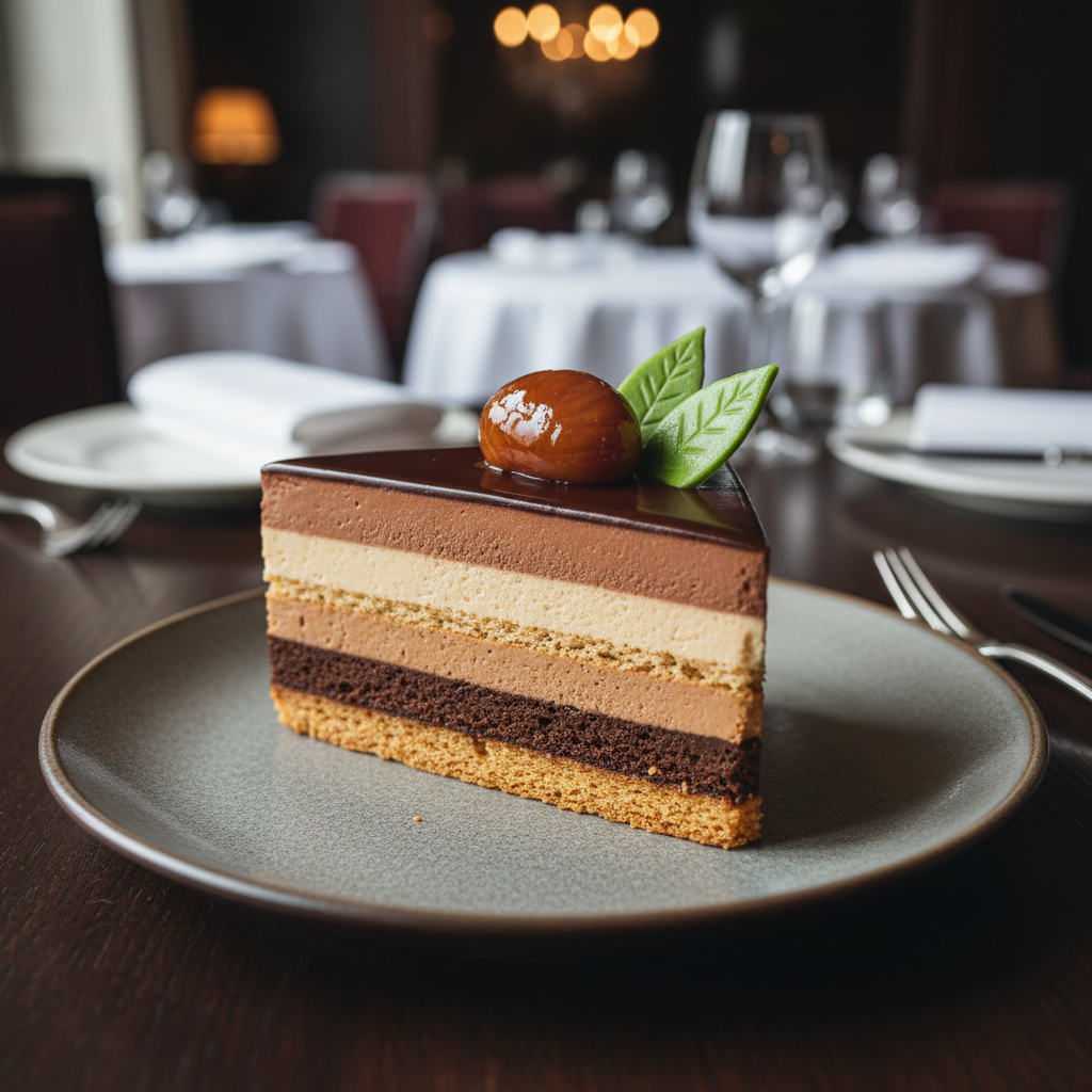 Une part de gâteau mousse au chocolat et à la crème de marrons, composée de plusieurs couches de biscuit et mousse, nappée d'un glaçage brillant au chocolat, décorée d'une châtaigne glacée et de feuilles en sucre, présentée sur une assiette dans un cadre élégant.