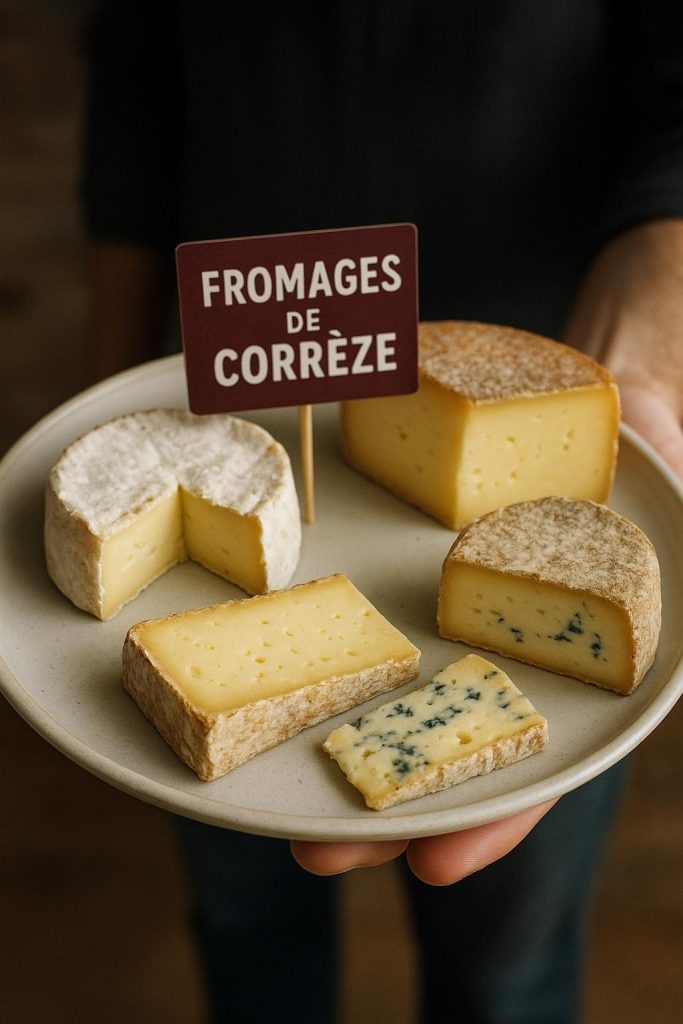 Un plateau de fromages variés de Corrèze, comprenant plusieurs types de fromages à pâte molle, à croûte fleurie, à pâte pressée et à pâte persillée, présenté avec une étiquette indiquant 'Fromages de Corrèze', illustrant la richesse et la diversité des spécialités fromagères de cette région française.