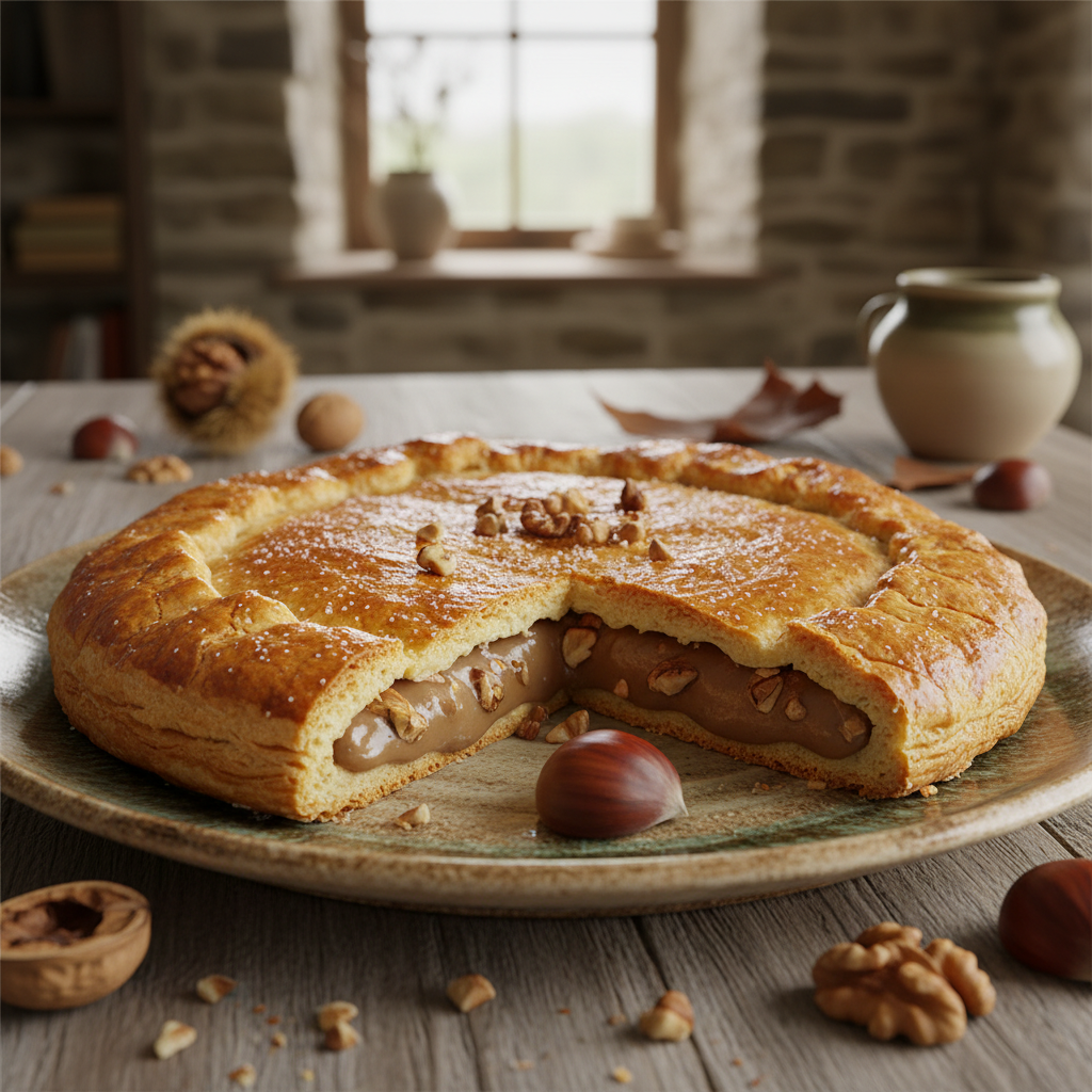 Une galette corrézienne, pâtisserie traditionnelle composée d'une pâte sablée dorée, garnie d'une crème de marrons onctueuse et de morceaux de noix, présentée sur une assiette avec des fruits secs autour, illustrant une spécialité gourmande et authentique de la région.