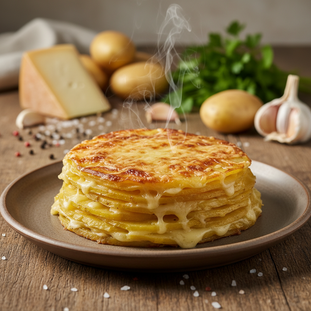 Un millefeuille de pommes de terre chaud et fumant, typique de la truffade corrézienne, composé de fines couches de pommes de terre et de fromage fondu, présenté sur une assiette avec en arrière-plan des ingrédients frais comme des pommes de terre, de l'ail et du fromage, illustrant une spécialité gourmande et traditionnelle de la gastronomie corrézienne. 