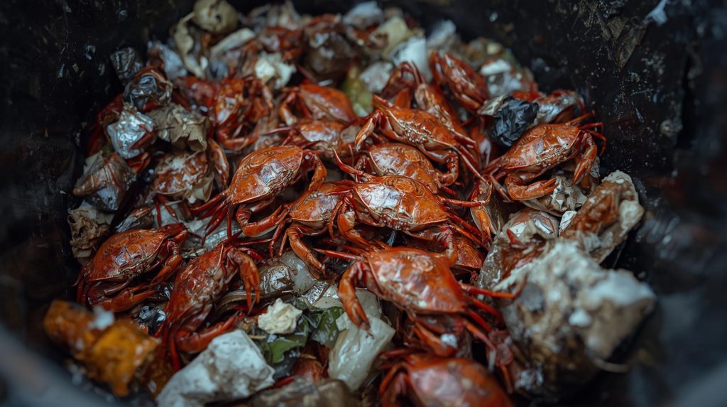 crabes oranges à l'intérieur d'une poubelle
