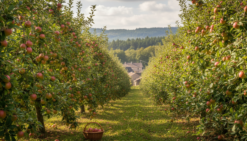 Un verger de pommiers en rangées bien alignées, chargé de pommes rouges mûres, avec un panier de récolte posé au sol, dans un paysage rural avec des collines boisées en arrière-plan, illustrant une culture fruitière traditionnelle.