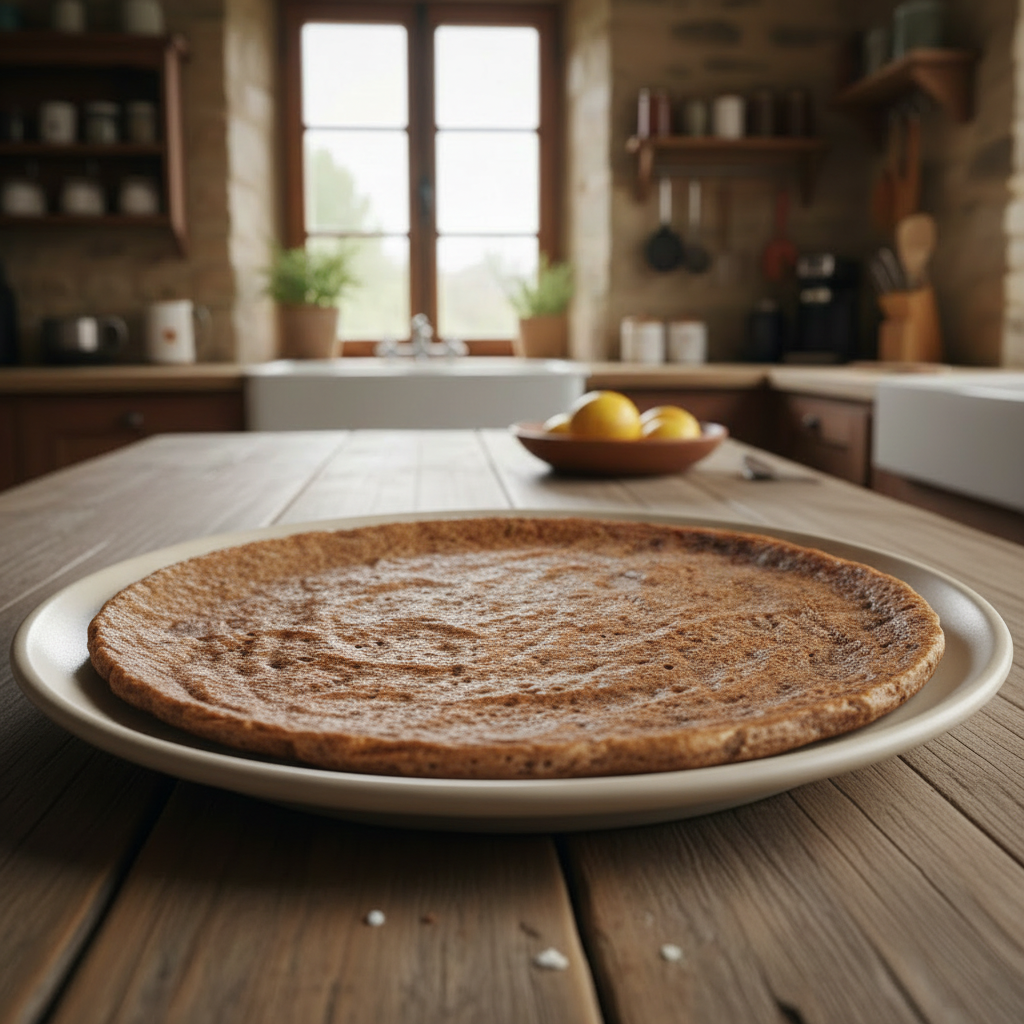 Un tourtou, galette traditionnelle de la gastronomie corrézienne à base de farine de sarrasin, fine et légèrement croustillante, présentée sur une assiette blanche dans une cuisine rustique, illustrant une spécialité régionale utilisée autrefois comme pain.